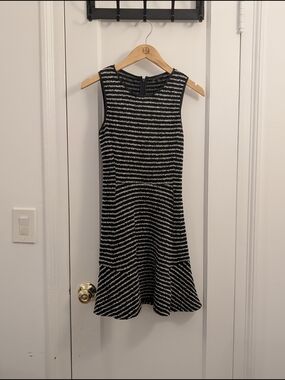 Theory Black and White Striped Sleeveless Flared-Hem Mini Dress